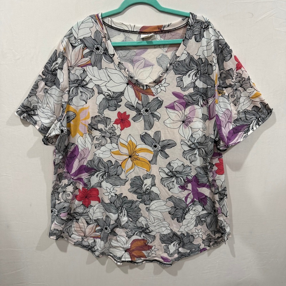 LuLaRoe Womens 3XL Floral Sketch V-Neck Short Sleeve T-Shirt Multicolor Relaxed
